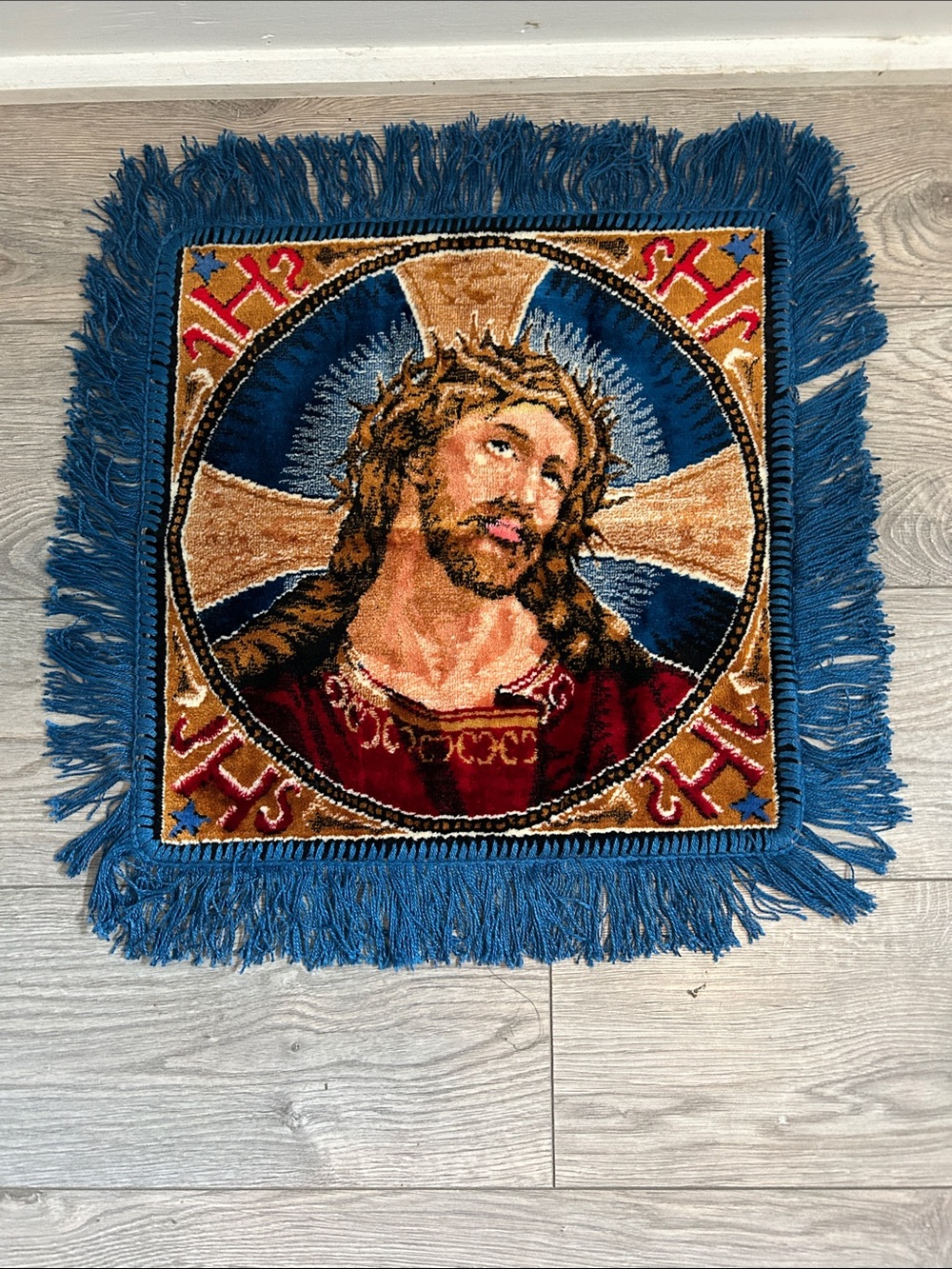 MC With Monogram JHS on Corner Decorative Blue Fringe Religious Wall Hanging